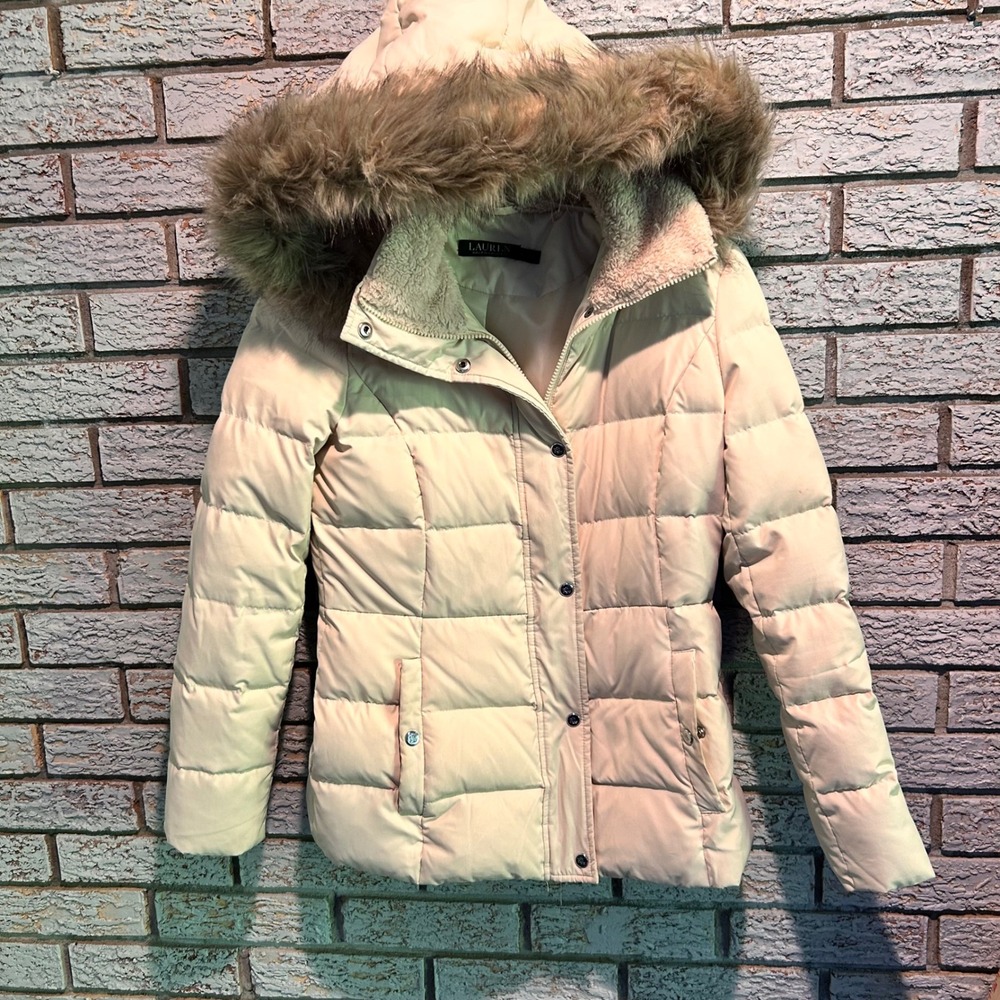 Lauren Ralph Lauren Cream Down‎ Puffer Jacket Faux Fur Hood Small